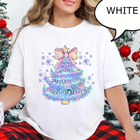 Tops - Graphic Christmas Tree Water Color Shirt, Happy Christmas Tee, Christmas Gift